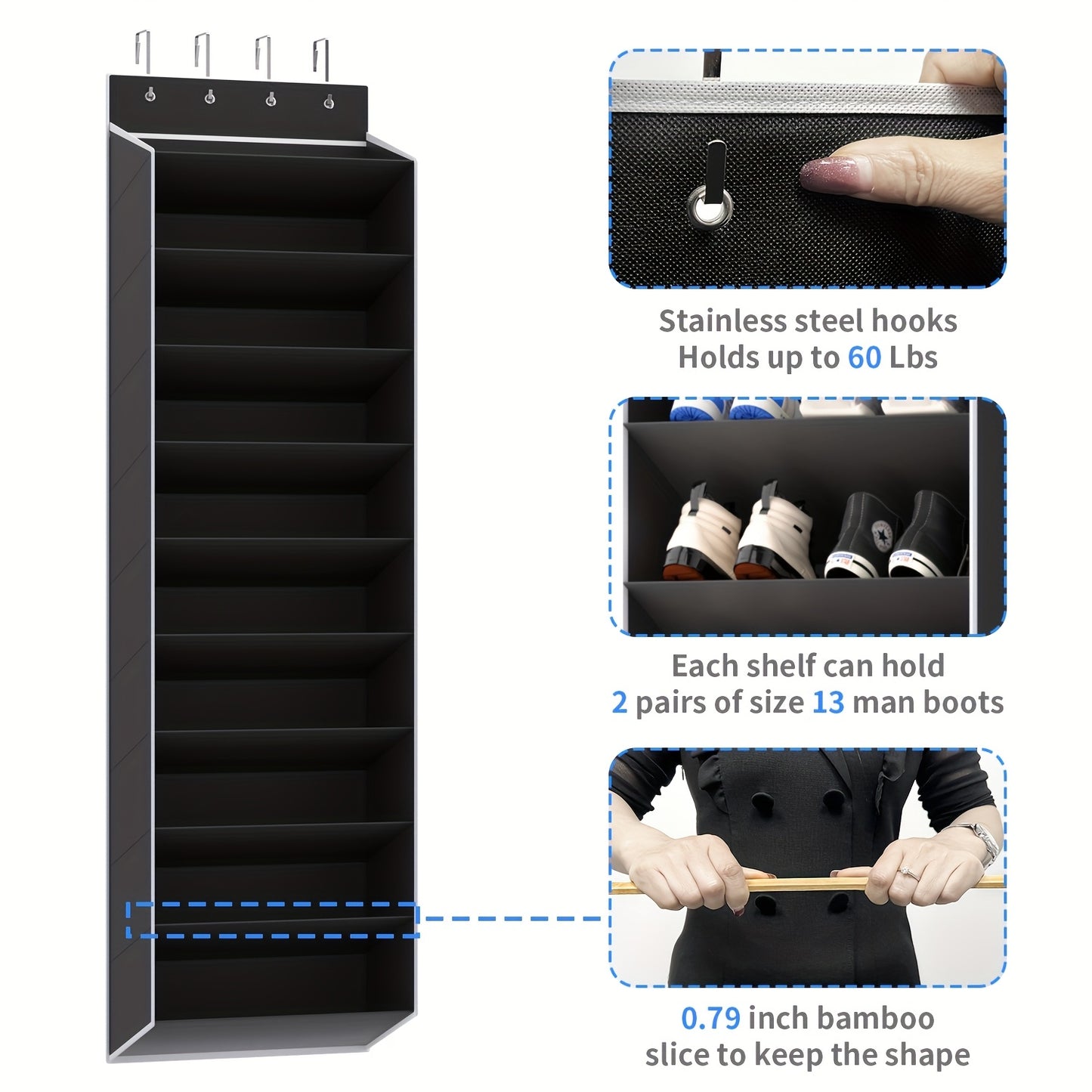 10‑Tier Over‑the‑Door Shoe Rack, Large Capacity Hanging Shoe Organizer with 4 Metal Hooks, Holds 20 Pairs