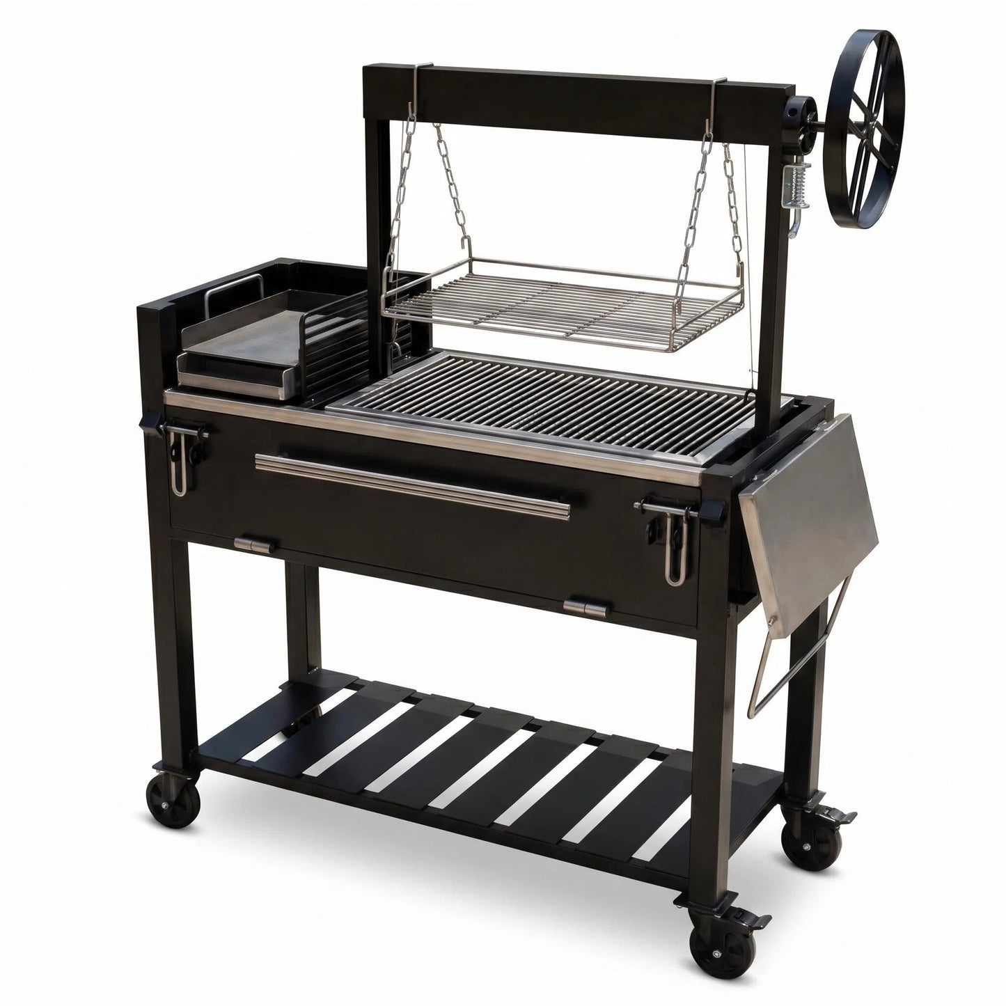 Portable Backyard Santa Maria Style BBQ Grill Cart with Rotisserie & Prep Shelf