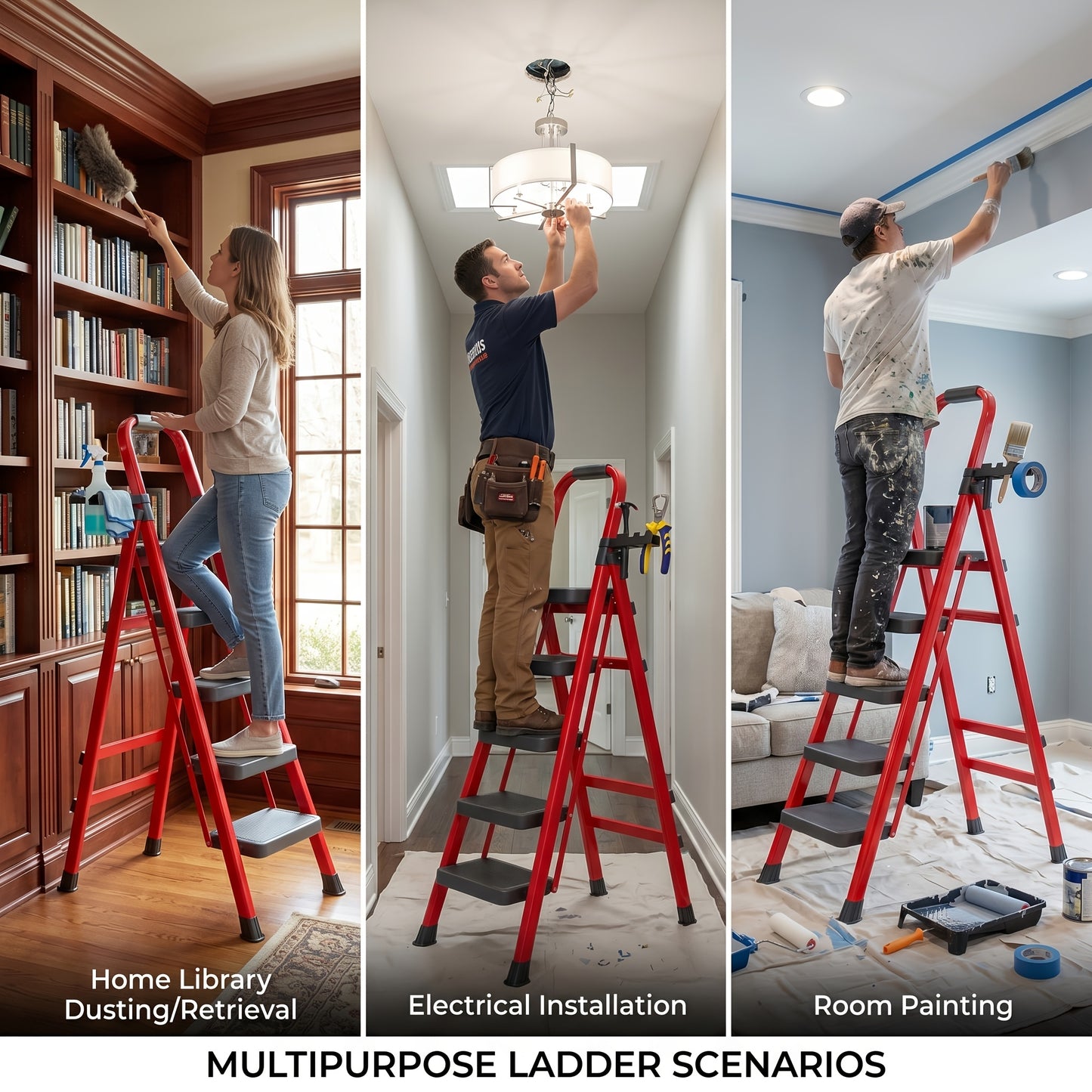 2/3/4/5 Step Folding Ladder, 490Lbs Weight Capacity Anti‑Slip Safety Lock Design, Rust‑Resistant Home Garage Industrial Ladder