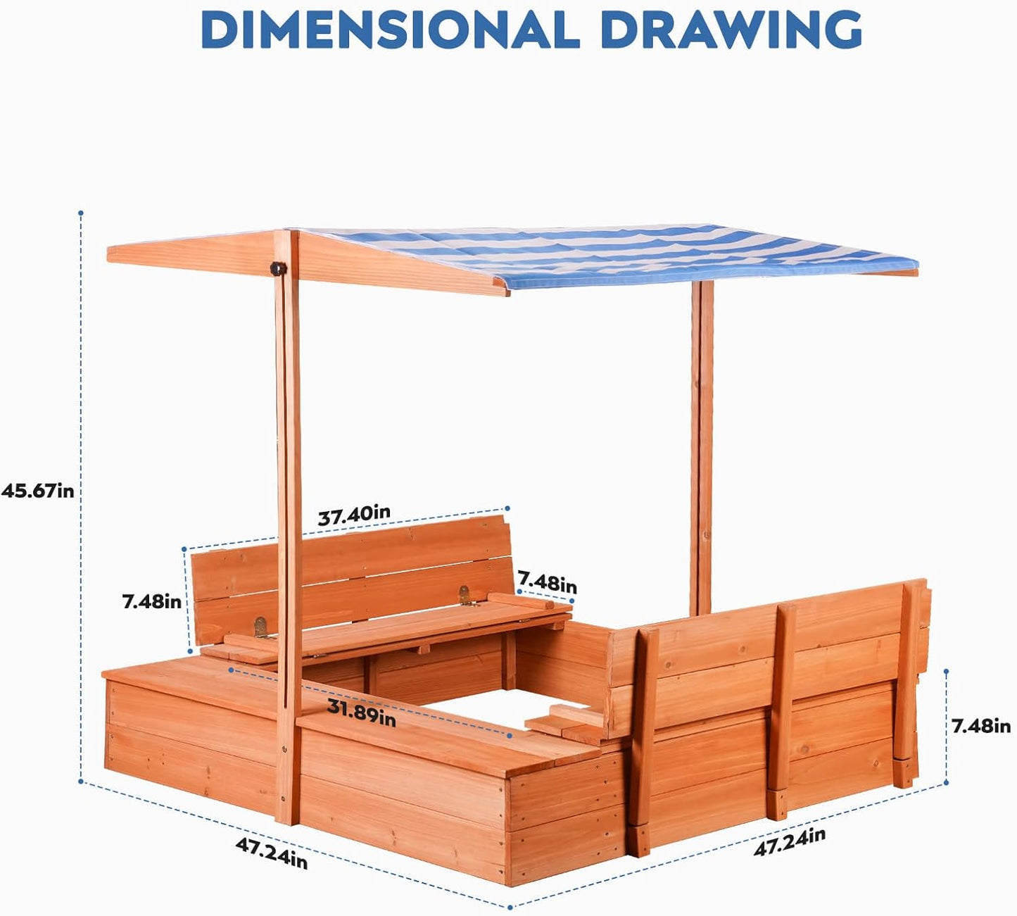 Kids' Outdoor Wooden Sandbox with Id,Sand Box with Toy Storage Box,Kids Play Equipment Sand Protection Bottom Liner Included 47X47in.