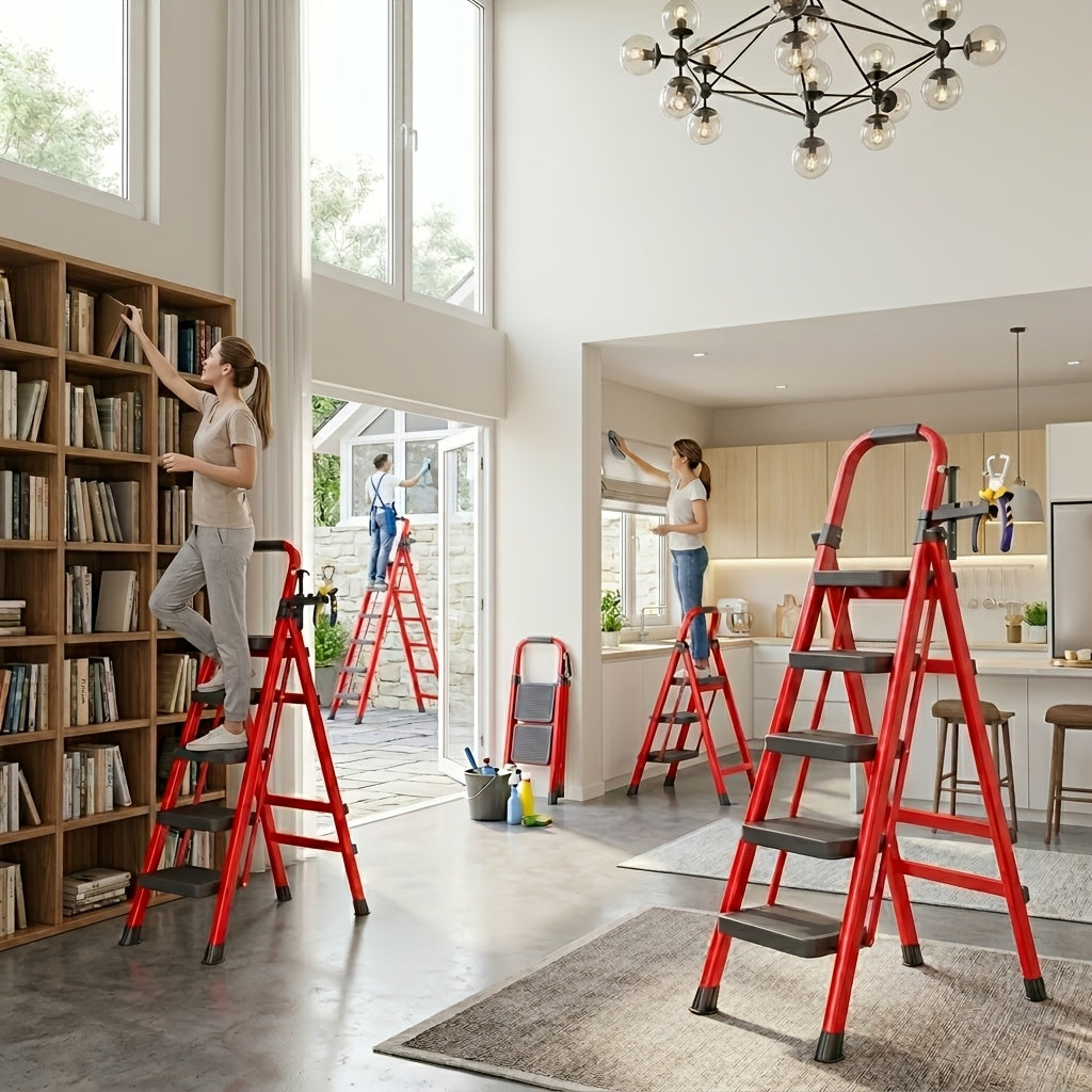 2/3/4/5 Step Folding Ladder, 490Lbs Weight Capacity Anti‑Slip Safety Lock Design, Rust‑Resistant Home Garage Industrial Ladder