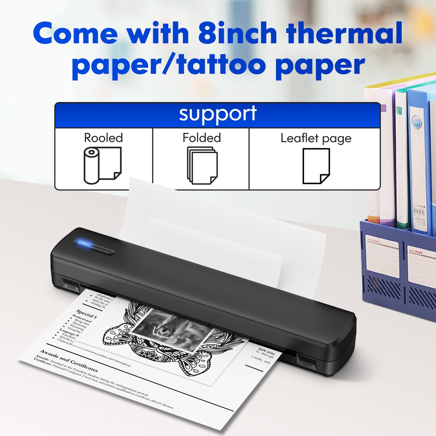 Portable Wireless Inkless Thermal Printer, Compact Travel Printer for Phone Laptop Pad, Supports Folding/Roll/Tattoo Paper
