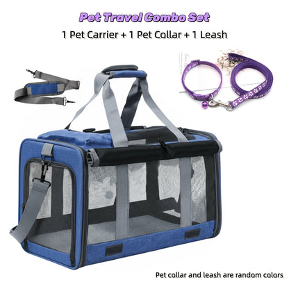Airline Approved Collapsible Pet Carrier for Medium Cats Small Dogs, Oxford Cloth Breathable Travel Crate with Leash & Collar