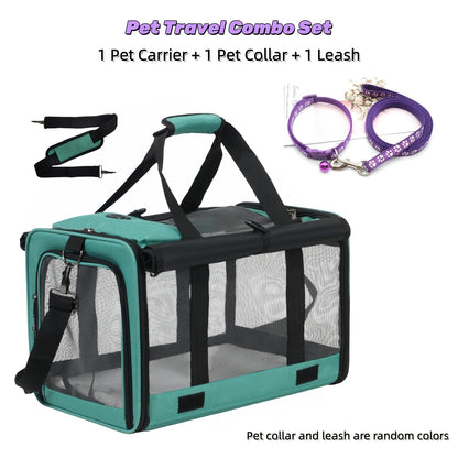 Airline Approved Collapsible Pet Carrier for Medium Cats Small Dogs, Oxford Cloth Breathable Travel Crate with Leash & Collar