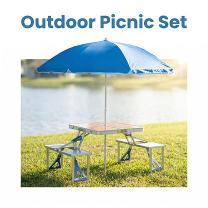 Foldable All-in-One Camping Table Set | Aluminum Wood Grain Portable Picnic Table with Integrated Seats for Family Outdoor Leisure