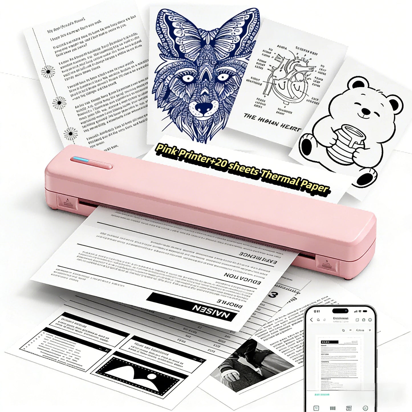 Portable Wireless Inkless Thermal Printer, Compact Travel Printer for Phone Laptop Pad, Supports Folding/Roll/Tattoo Paper