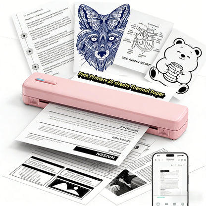 Portable Wireless Inkless Thermal Printer, Compact Travel Printer for Phone Laptop Pad, Supports Folding/Roll/Tattoo Paper