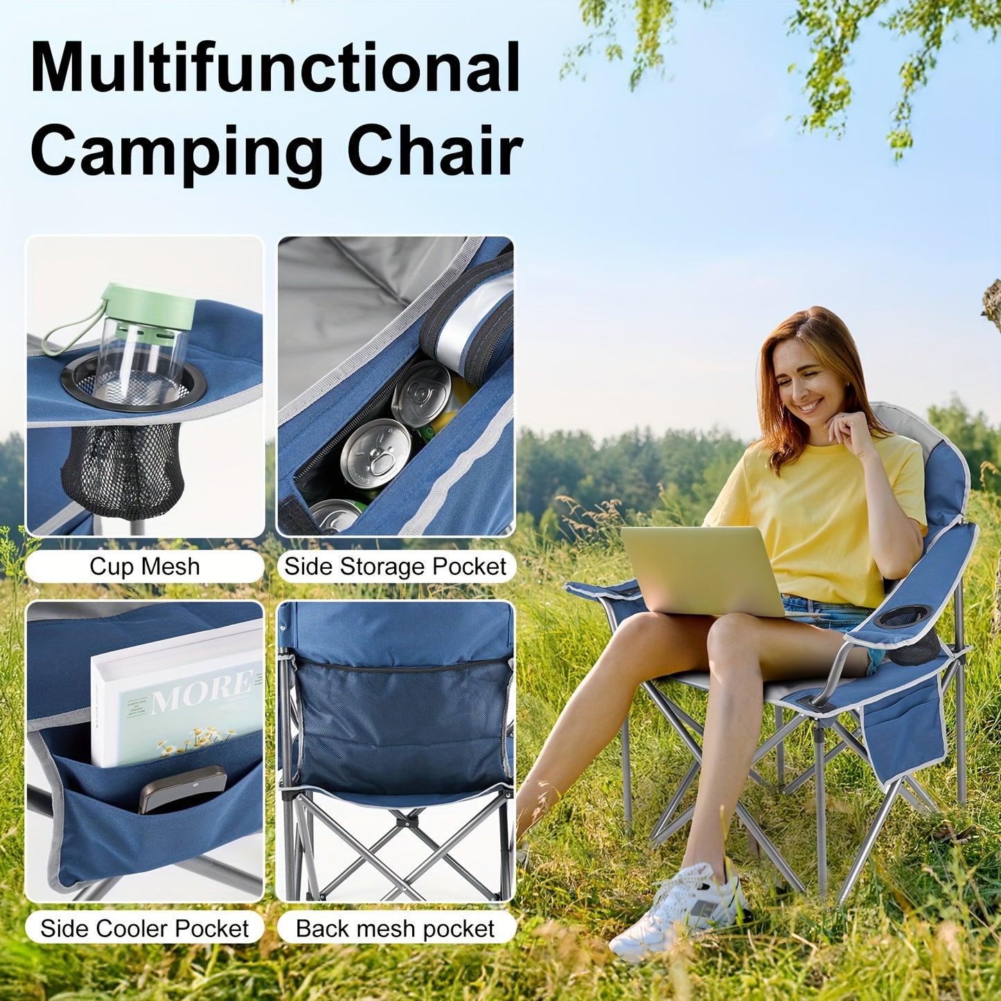 1/2 Pack Extra Large Heavy Duty Folding Camping Chair, 500 Lbs Capacity with Side Pocket Cooler Bag Cup Holder