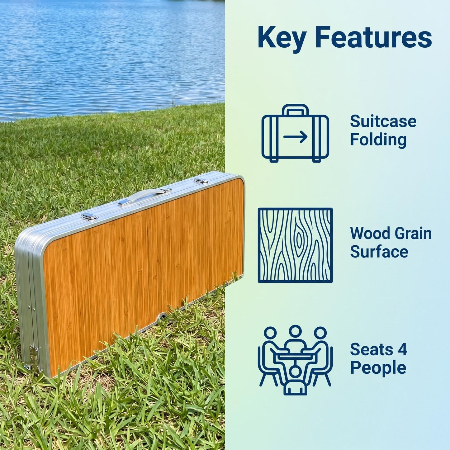 Foldable All-in-One Camping Table Set | Aluminum Wood Grain Portable Picnic Table with Integrated Seats for Family Outdoor Leisure