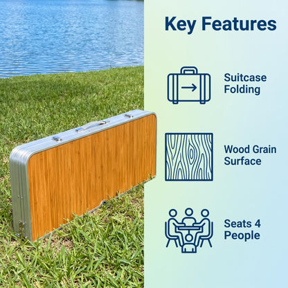 Foldable All-in-One Camping Table Set | Aluminum Wood Grain Portable Picnic Table with Integrated Seats for Family Outdoor Leisure