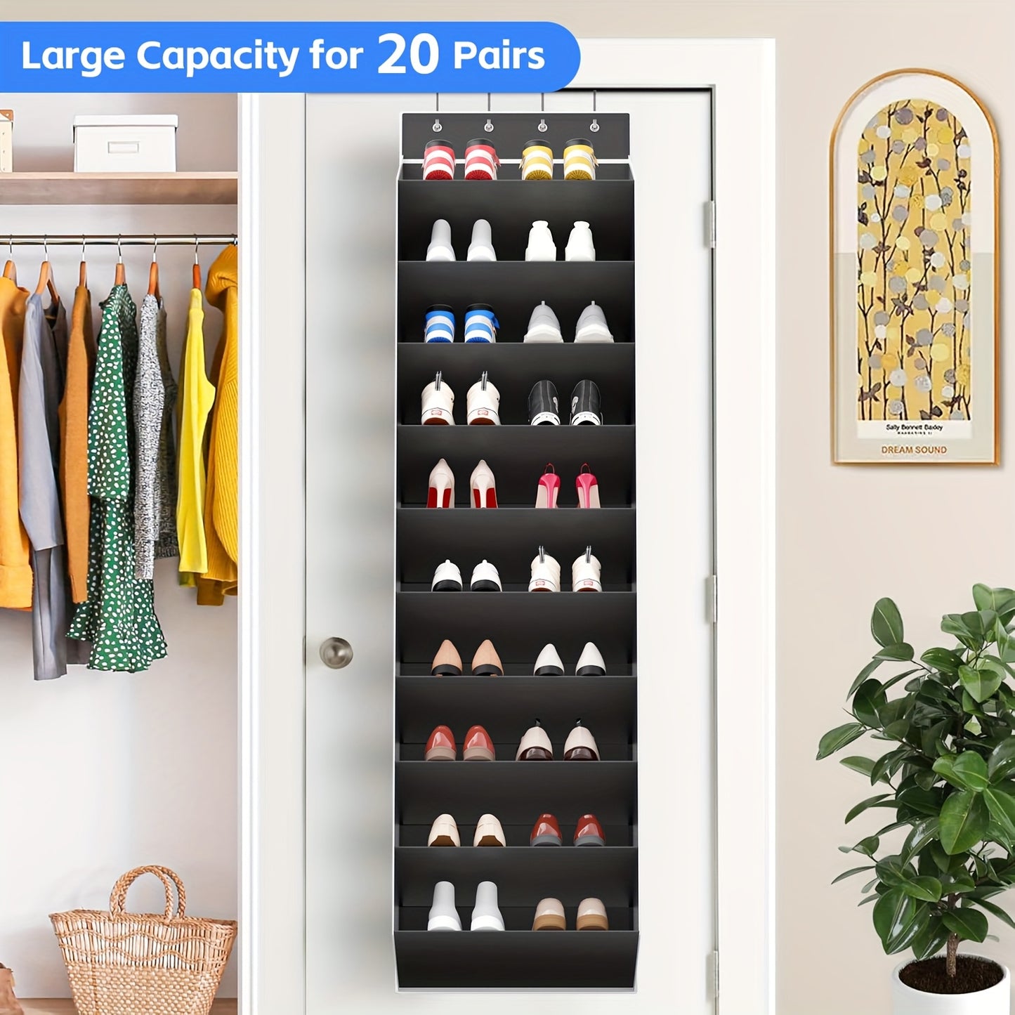 10‑Tier Over‑the‑Door Shoe Rack, Large Capacity Hanging Shoe Organizer with 4 Metal Hooks, Holds 20 Pairs