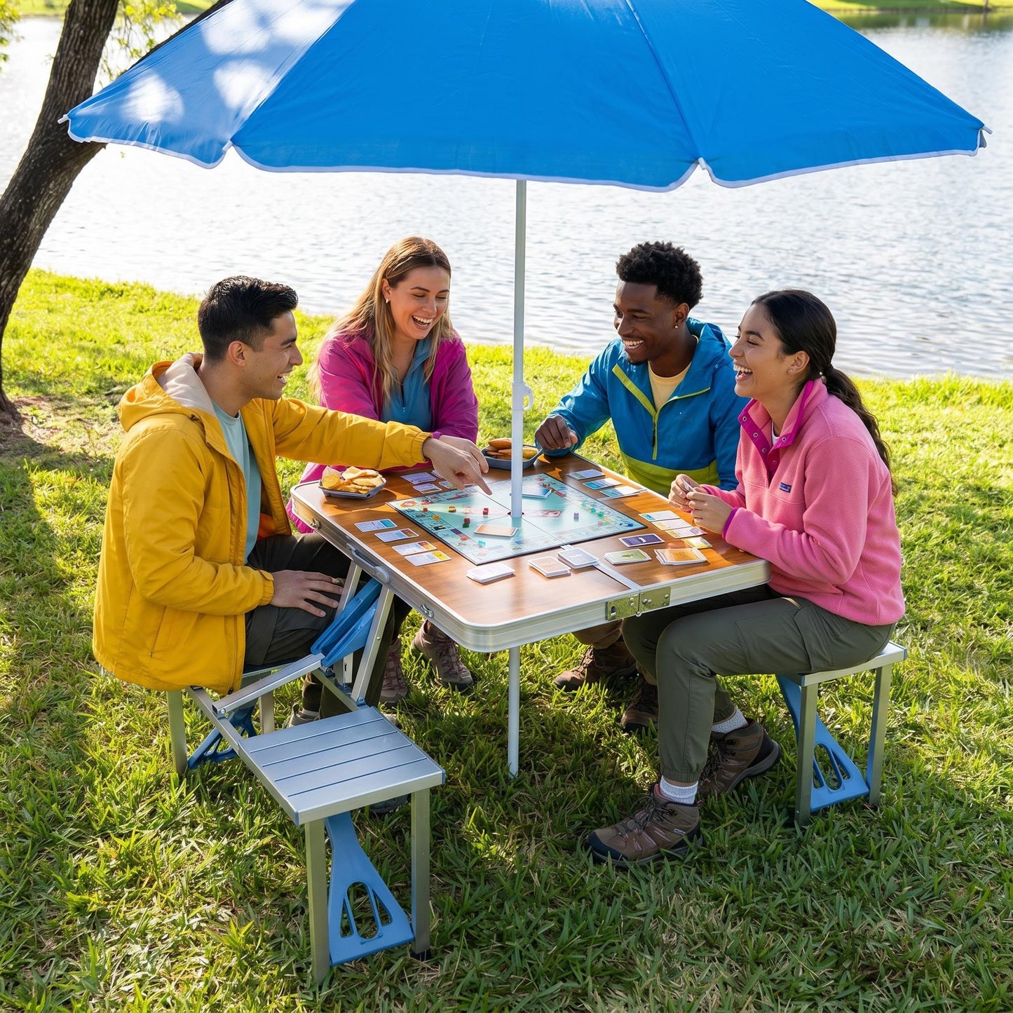 Foldable All-in-One Camping Table Set | Aluminum Wood Grain Portable Picnic Table with Integrated Seats for Family Outdoor Leisure