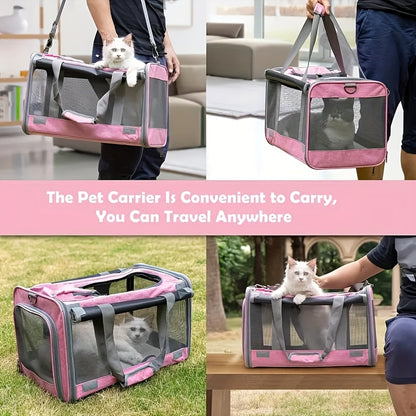 Airline Approved Collapsible Pet Carrier for Medium Cats Small Dogs, Oxford Cloth Breathable Travel Crate with Leash & Collar