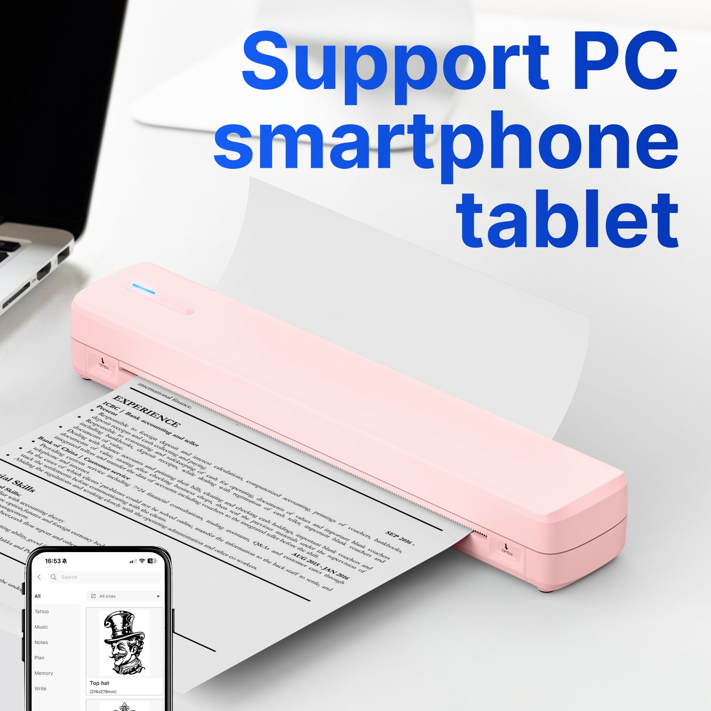Portable Wireless Inkless Thermal Printer, Compact Travel Printer for Phone Laptop Pad, Supports Folding/Roll/Tattoo Paper