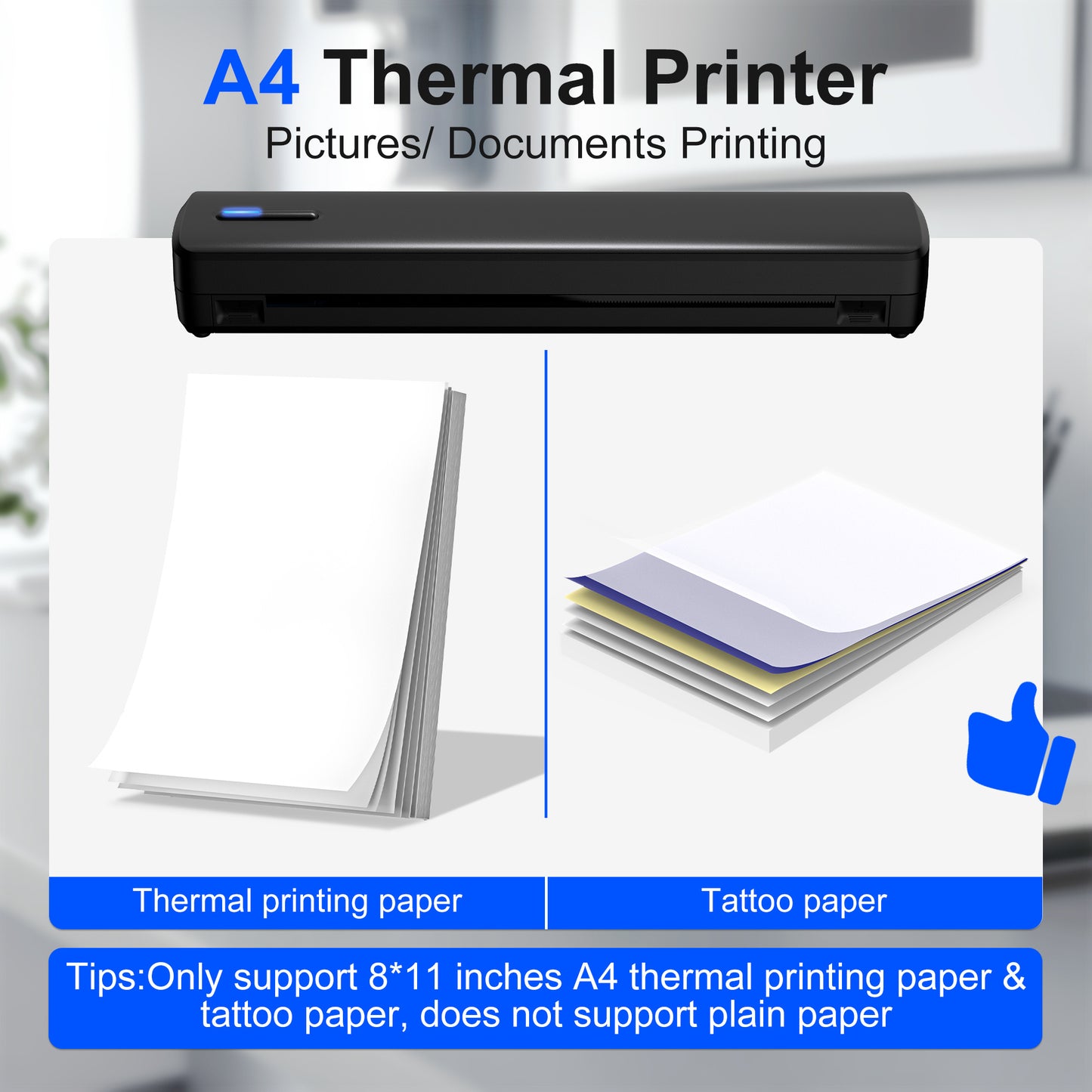 Portable Wireless Inkless Thermal Printer, Compact Travel Printer for Phone Laptop Pad, Supports Folding/Roll/Tattoo Paper