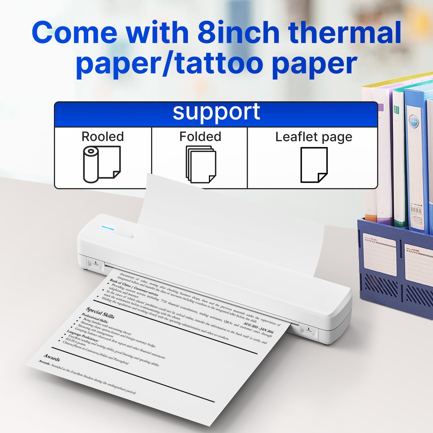 Portable Wireless Inkless Thermal Printer, Compact Travel Printer for Phone Laptop Pad, Supports Folding/Roll/Tattoo Paper