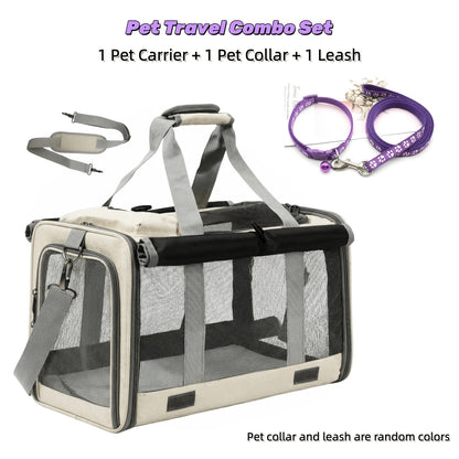 Airline Approved Collapsible Pet Carrier for Medium Cats Small Dogs, Oxford Cloth Breathable Travel Crate with Leash & Collar