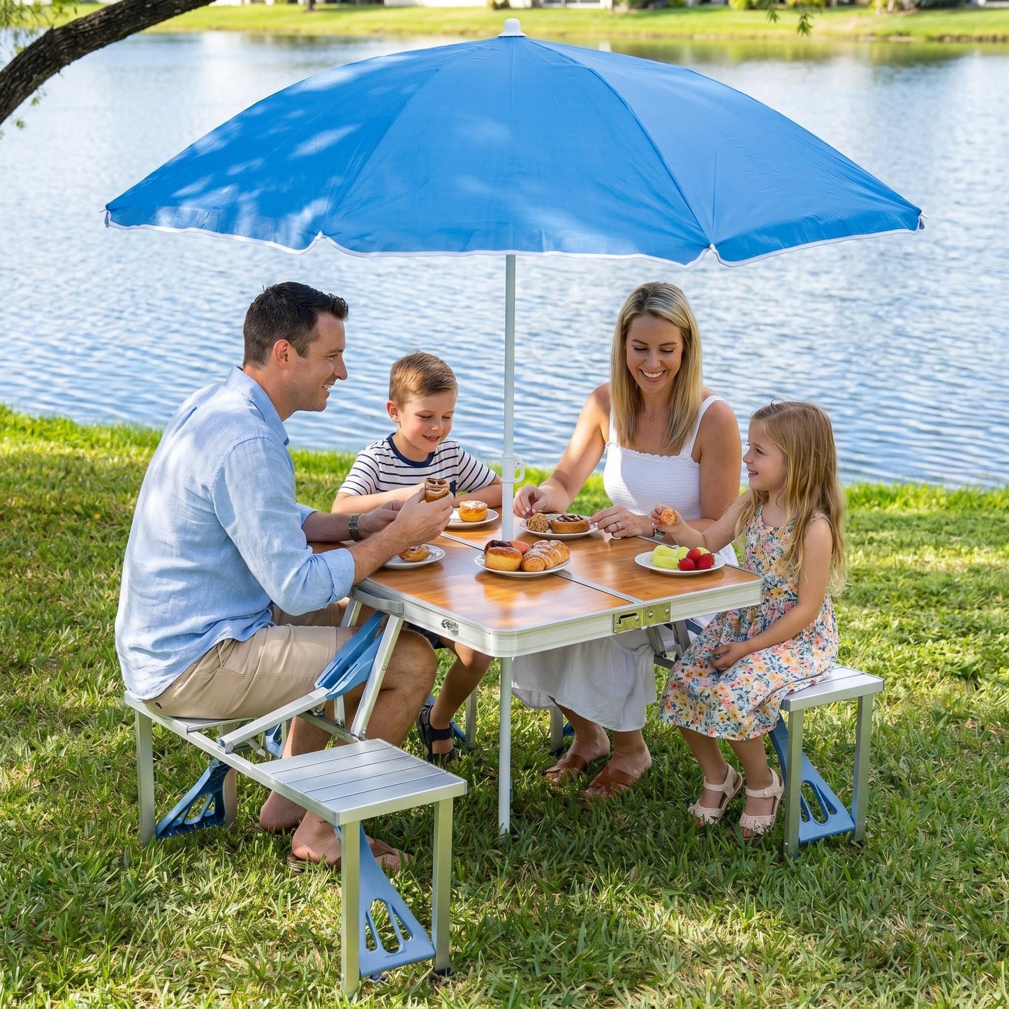 Foldable All-in-One Camping Table Set | Aluminum Wood Grain Portable Picnic Table with Integrated Seats for Family Outdoor Leisure