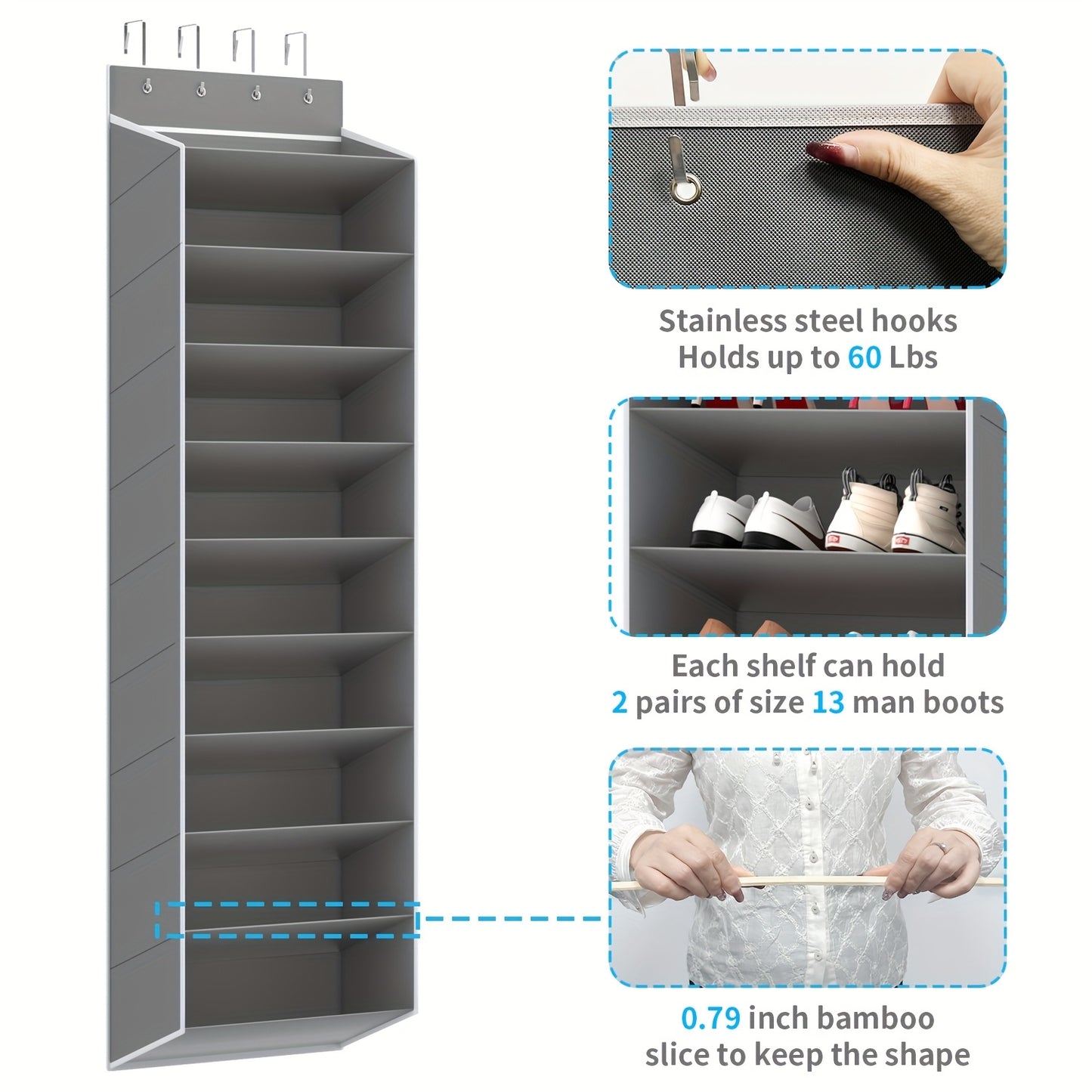 10‑Tier Over‑the‑Door Shoe Rack, Large Capacity Hanging Shoe Organizer with 4 Metal Hooks, Holds 20 Pairs