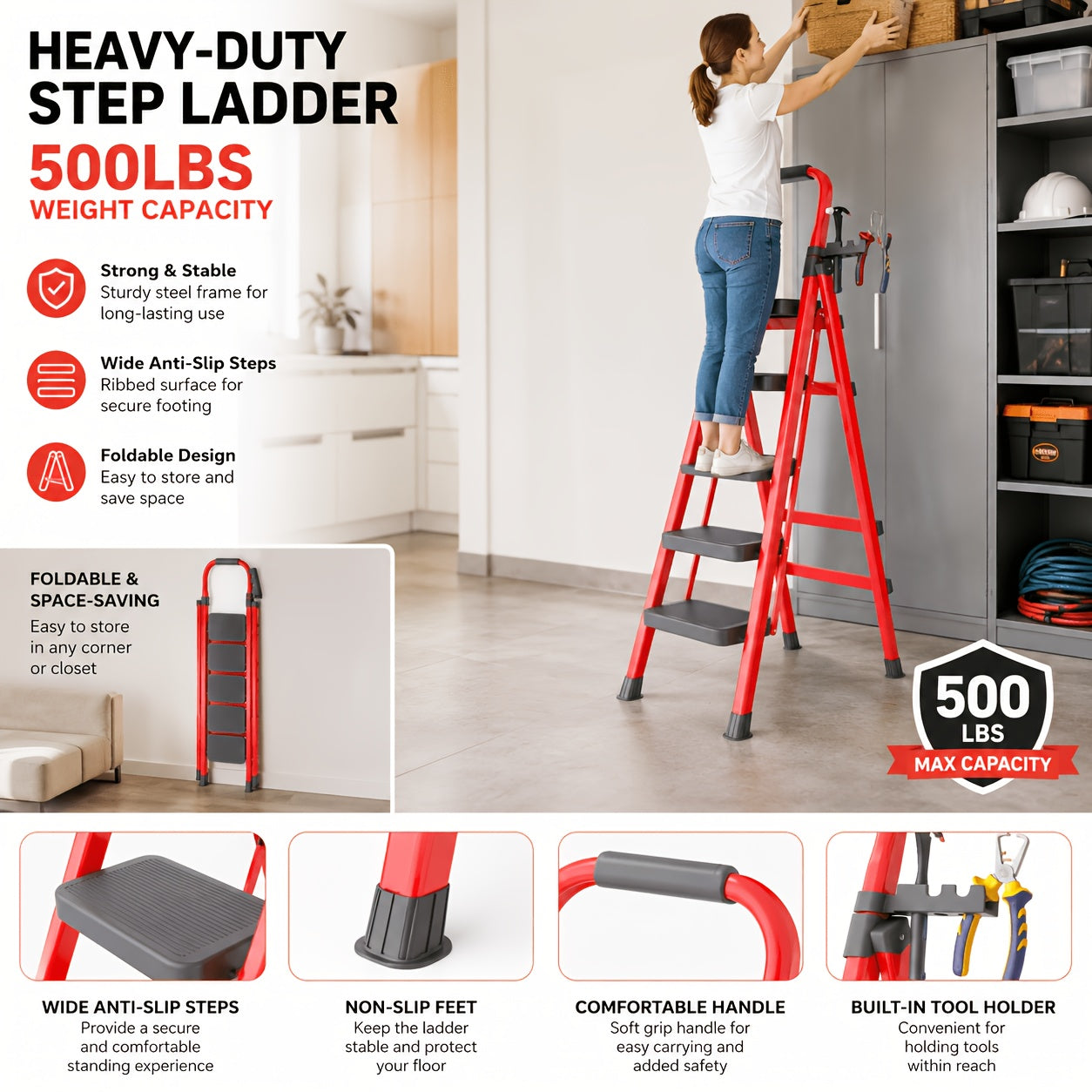 2/3/4/5 Step Folding Ladder, 490Lbs Weight Capacity Anti‑Slip Safety Lock Design, Rust‑Resistant Home Garage Industrial Ladder