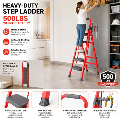 2/3/4/5 Step Folding Ladder, 490Lbs Weight Capacity Anti‑Slip Safety Lock Design, Rust‑Resistant Home Garage Industrial Ladder