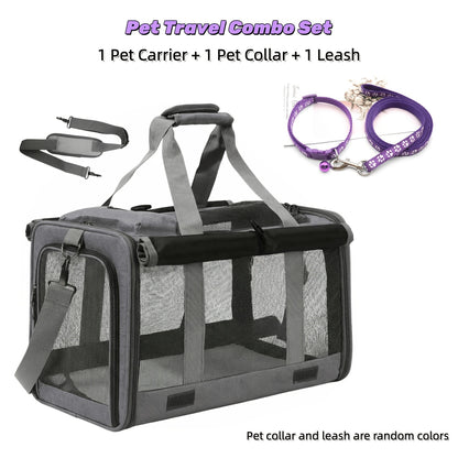 Airline Approved Collapsible Pet Carrier for Medium Cats Small Dogs, Oxford Cloth Breathable Travel Crate with Leash & Collar