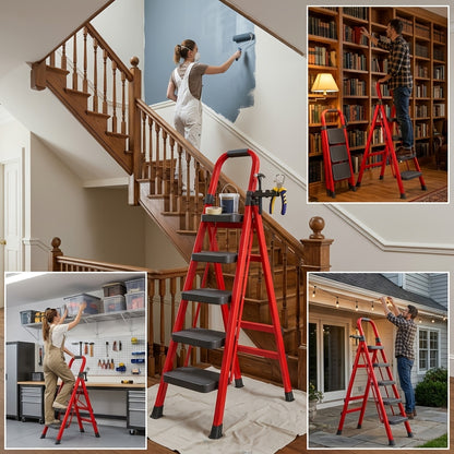2/3/4/5 Step Folding Ladder, 490Lbs Weight Capacity Anti‑Slip Safety Lock Design, Rust‑Resistant Home Garage Industrial Ladder