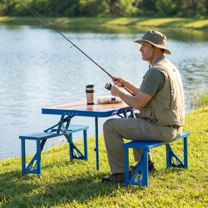 Foldable All-in-One Camping Table Set | Aluminum Wood Grain Portable Picnic Table with Integrated Seats for Family Outdoor Leisure