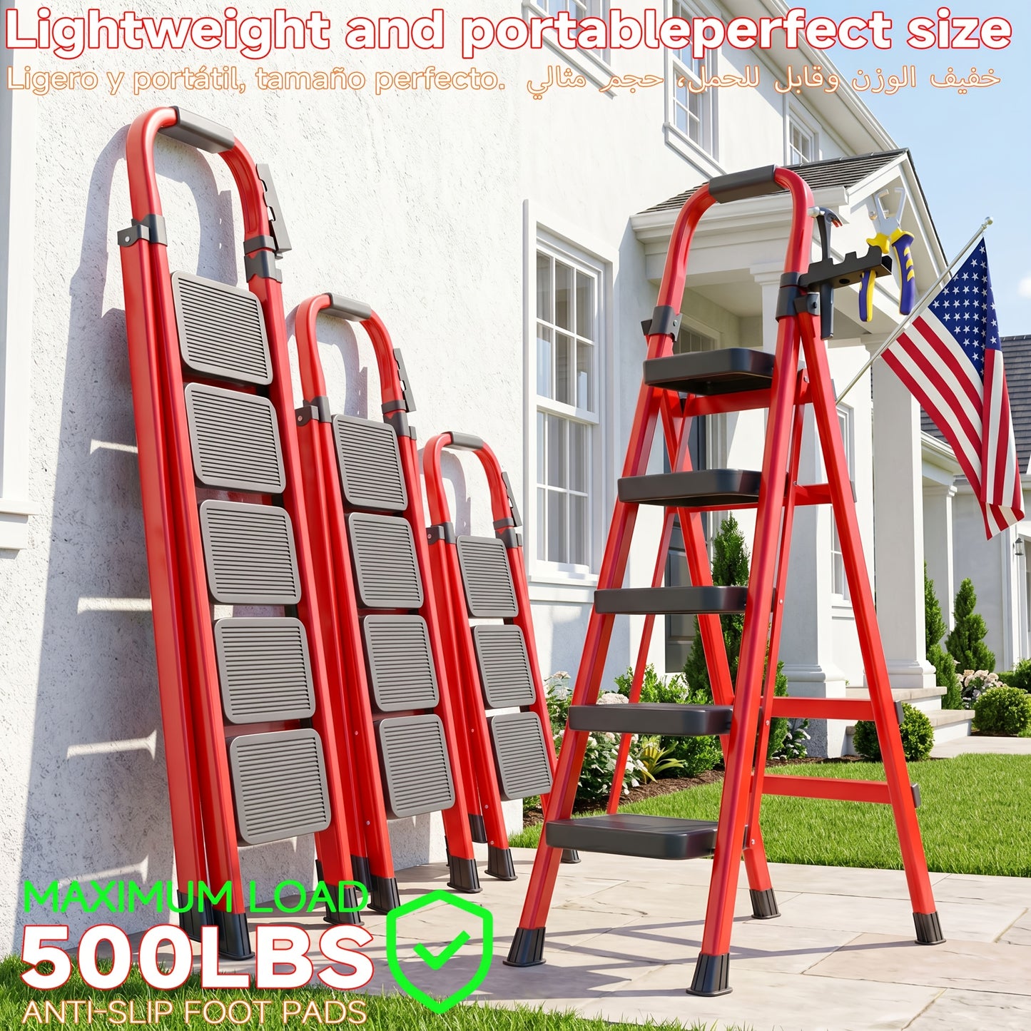 2/3/4/5 Step Folding Ladder, 490Lbs Weight Capacity Anti‑Slip Safety Lock Design, Rust‑Resistant Home Garage Industrial Ladder