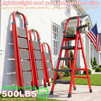 2/3/4/5 Step Folding Ladder, 490Lbs Weight Capacity Anti‑Slip Safety Lock Design, Rust‑Resistant Home Garage Industrial Ladder