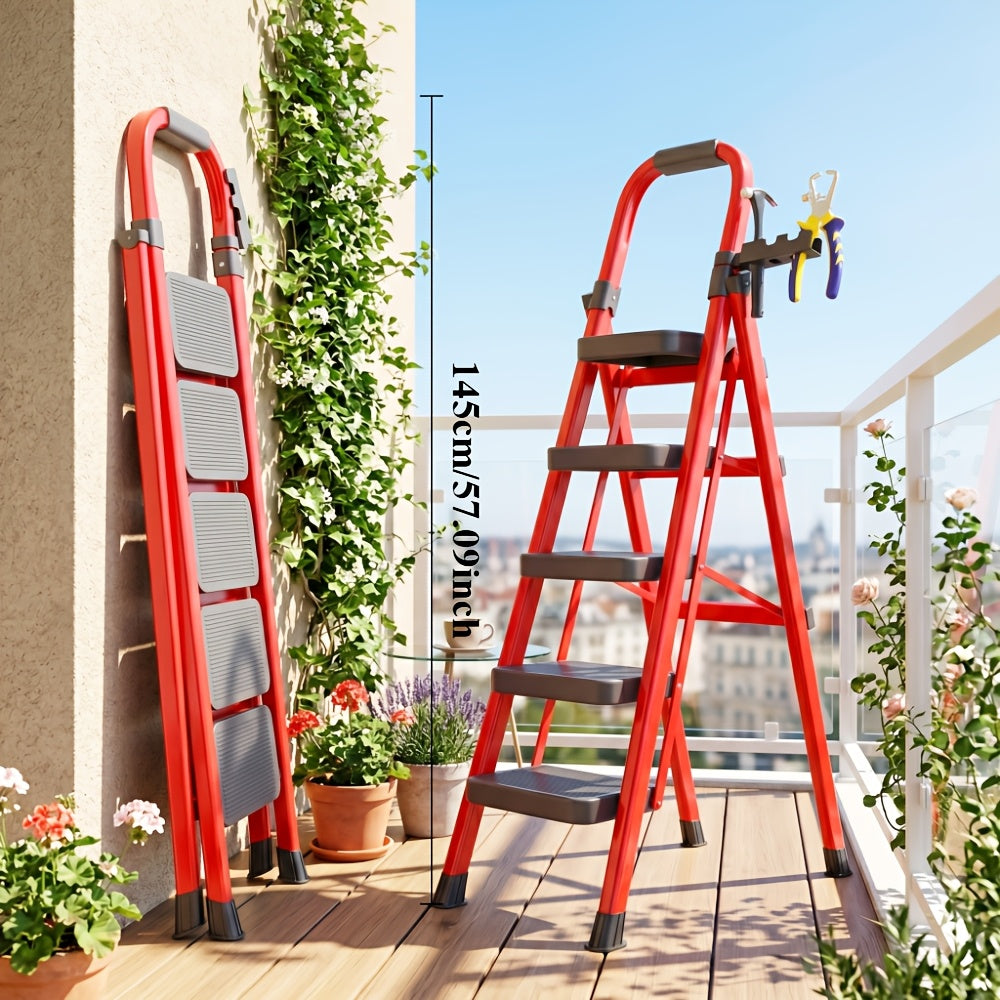 2/3/4/5 Step Folding Ladder, 490Lbs Weight Capacity Anti‑Slip Safety Lock Design, Rust‑Resistant Home Garage Industrial Ladder