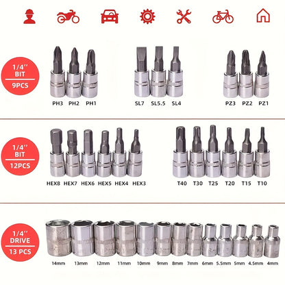 50/53Pcs Professional Ratchet Wrench Tool Set, High‑End Auto & Bicycle Maintenance Repair Kit