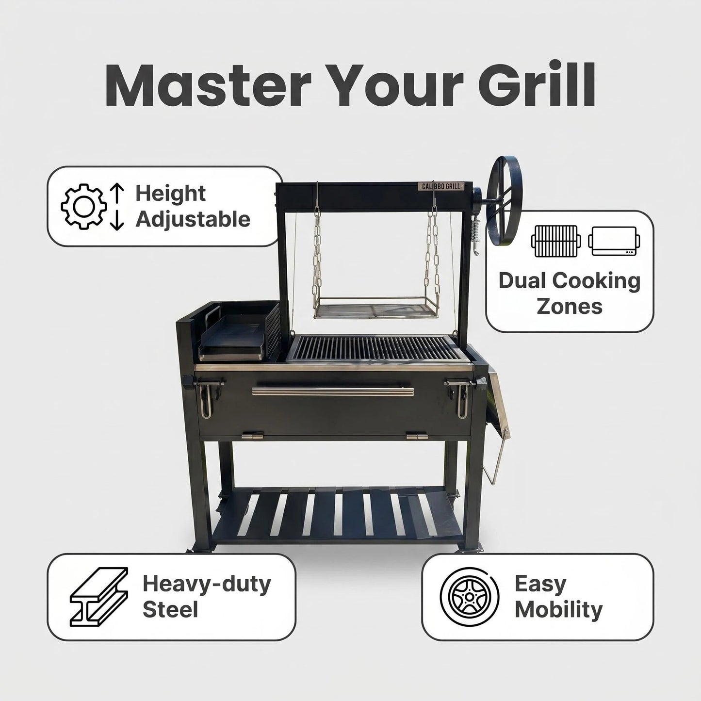 Portable Backyard Santa Maria Style BBQ Grill Cart with Rotisserie & Prep Shelf