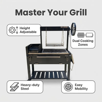 Portable Backyard Santa Maria Style BBQ Grill Cart with Rotisserie & Prep Shelf