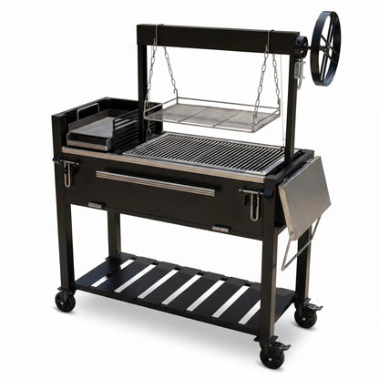 Portable Backyard Santa Maria Style BBQ Grill Cart with Rotisserie & Prep Shelf