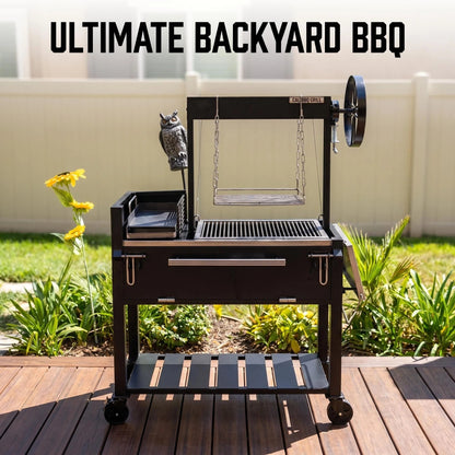Portable Backyard Santa Maria Style BBQ Grill Cart with Rotisserie & Prep Shelf