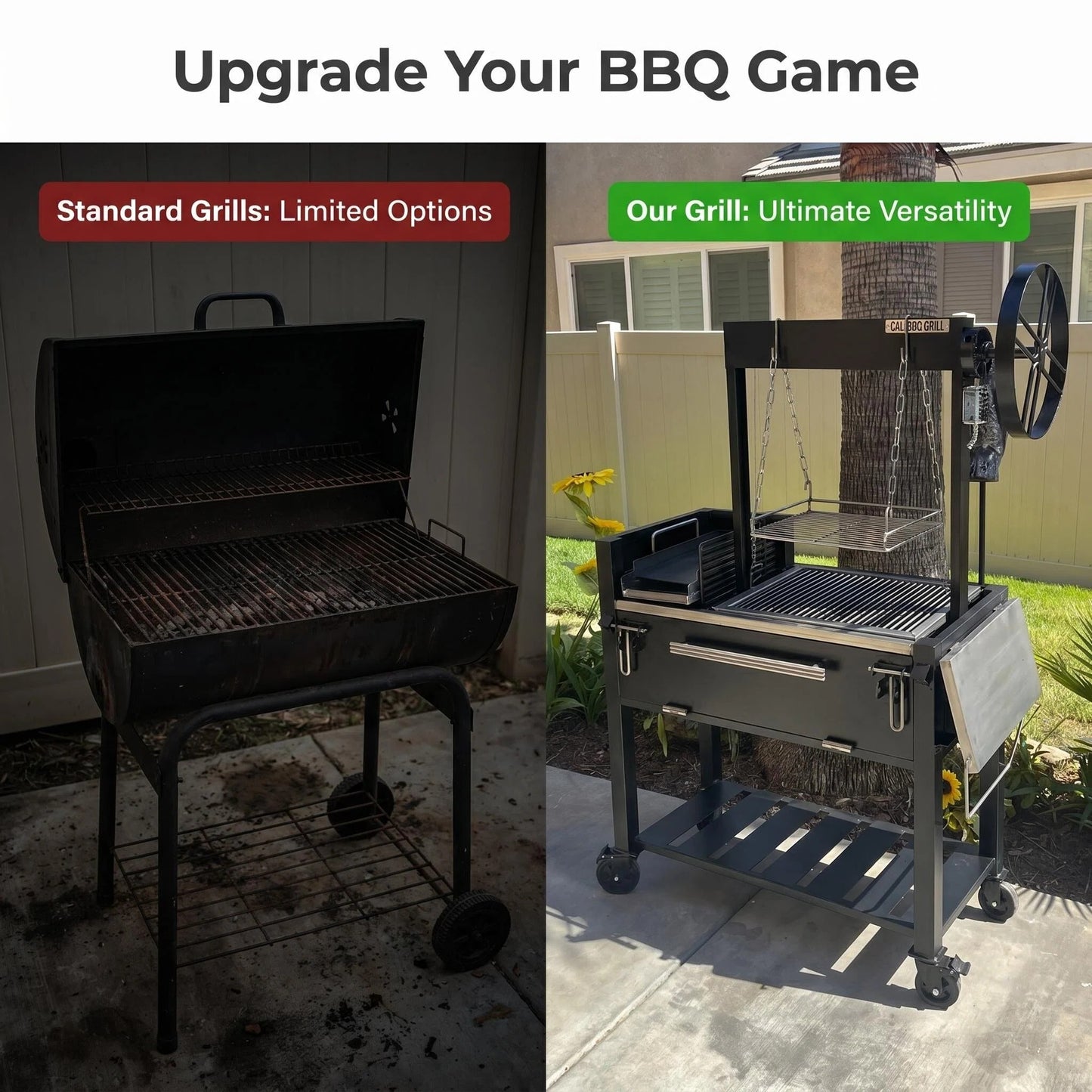 Portable Backyard Santa Maria Style BBQ Grill Cart with Rotisserie & Prep Shelf