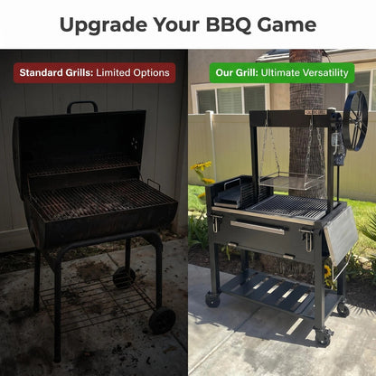 Portable Backyard Santa Maria Style BBQ Grill Cart with Rotisserie & Prep Shelf