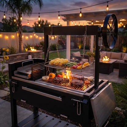 Portable Backyard Santa Maria Style BBQ Grill Cart with Rotisserie & Prep Shelf