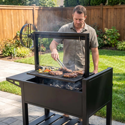 Portable Backyard Santa Maria Style BBQ Grill Cart with Rotisserie & Prep Shelf