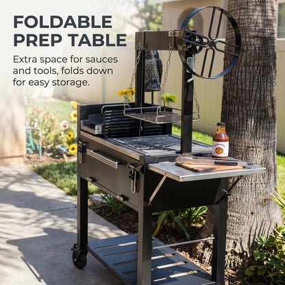 Portable Backyard Santa Maria Style BBQ Grill Cart with Rotisserie & Prep Shelf