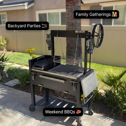 Portable Backyard Santa Maria Style BBQ Grill Cart with Rotisserie & Prep Shelf