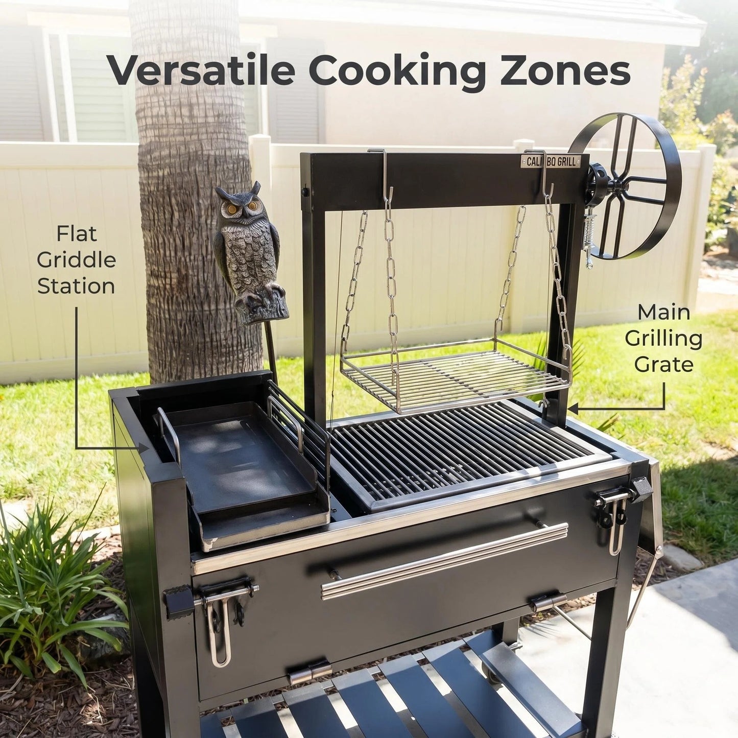 Portable Backyard Santa Maria Style BBQ Grill Cart with Rotisserie & Prep Shelf