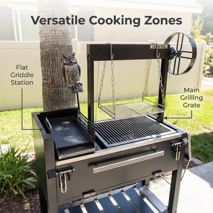 Portable Backyard Santa Maria Style BBQ Grill Cart with Rotisserie & Prep Shelf