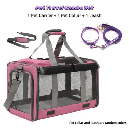 Airline Approved Collapsible Pet Carrier for Medium Cats Small Dogs, Oxford Cloth Breathable Travel Crate with Leash & Collar