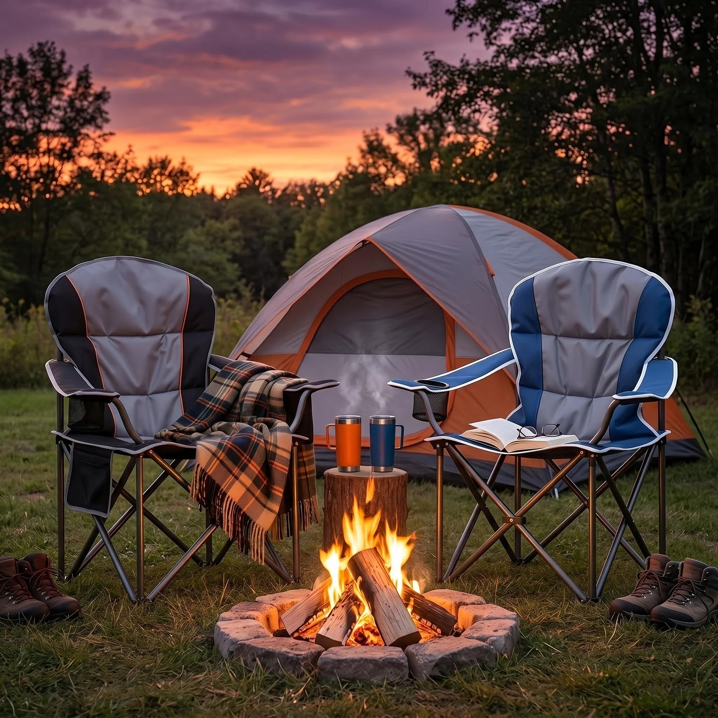 1/2 Pack Extra Large Heavy Duty Folding Camping Chair, 500 Lbs Capacity with Side Pocket Cooler Bag Cup Holder