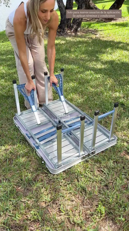 Foldable All-in-One Camping Table Set | Aluminum Wood Grain Portable Picnic Table with Integrated Seats for Family Outdoor Leisure