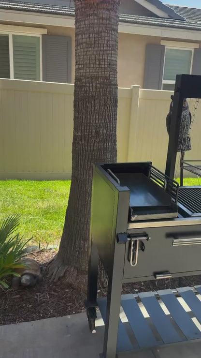 Portable Backyard Santa Maria Style BBQ Grill Cart with Rotisserie & Prep Shelf